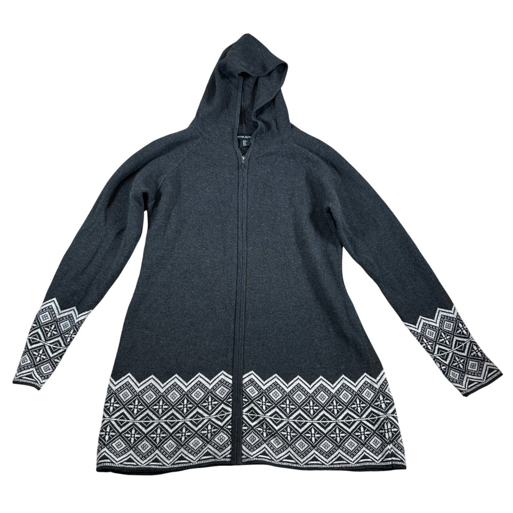 Cynthia Rowley Gray Fair Isle Full Zip Hooded Cardigan Sweater Womens Medium